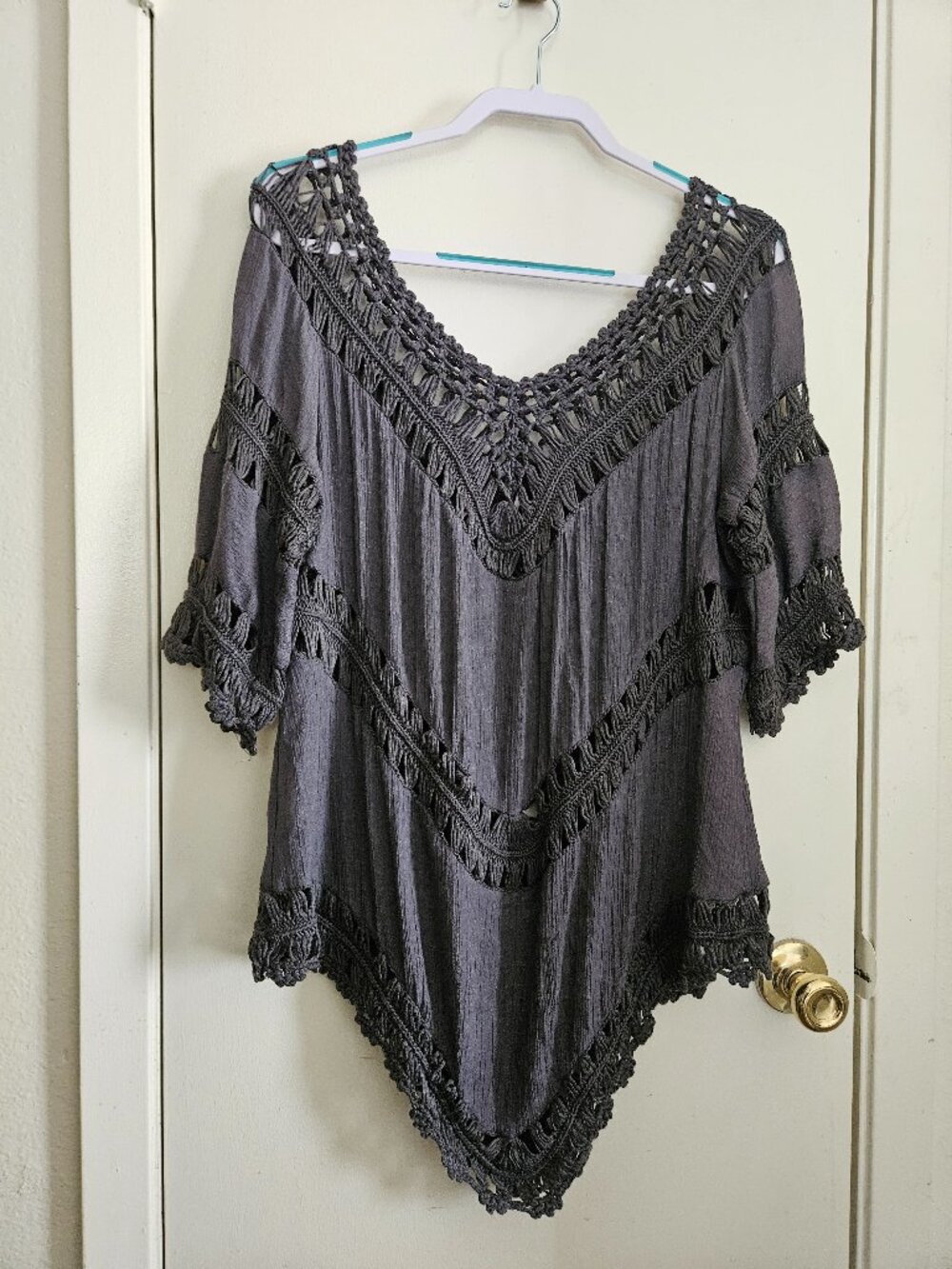 Boho XL Gray Crochet Flowy Tunic On or Off Shoulder 3/4 Blouse